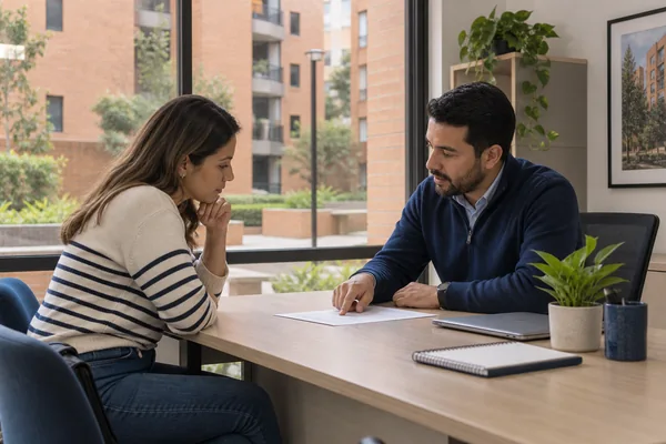 Dos personas revisan un documento en una conversación privada de administración.