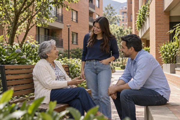Tres vecinos de distintas edades conversan junto a un banco en el jardín del conjunto.