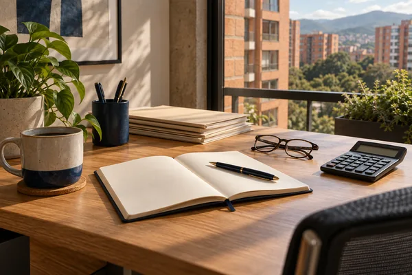 Calculadora, cuaderno y carpetas sobre un escritorio iluminado por la ventana.