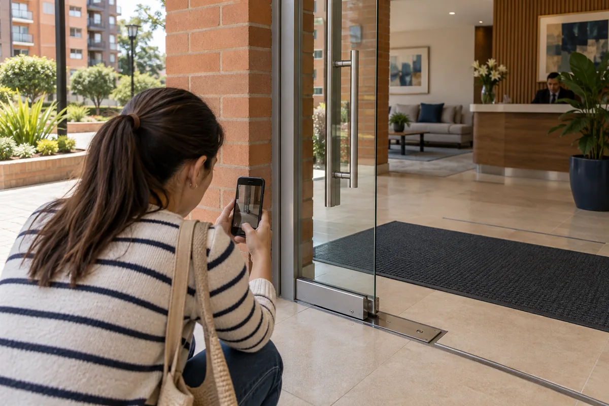 Residente fotografía un detalle de la puerta de acceso para reportar su revisión.