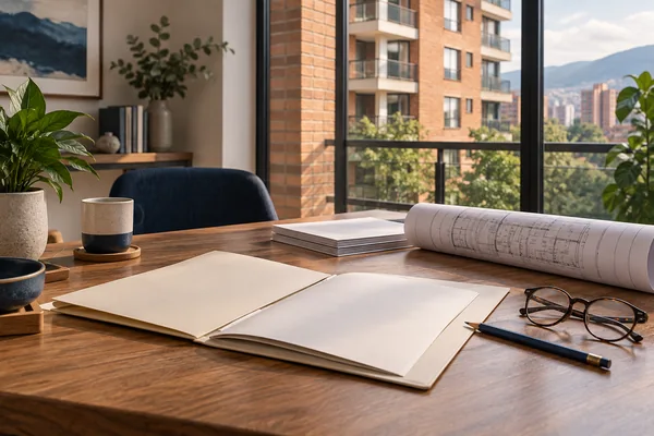 Carpeta de documentos y plano arquitectónico sobre una mesa junto a una ventana.