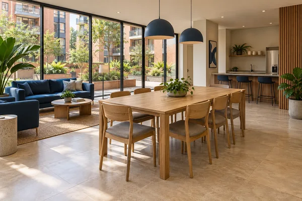 Salón social con mesa comunitaria y asientos azules frente a un jardín.