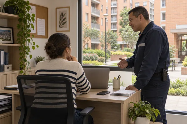 Administradora y encargado de portería coordinan tareas junto a un computador.