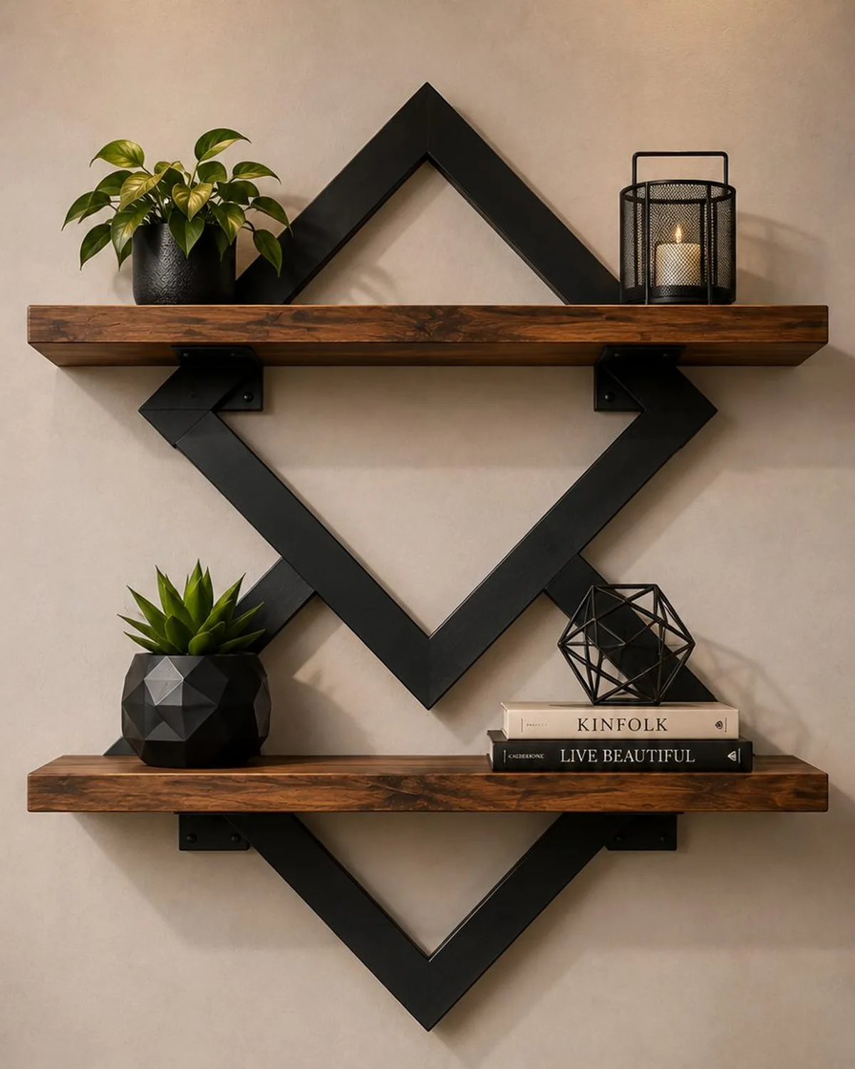 Repisa geométrica en hierro y madera de JC Metálicas montada en una pared